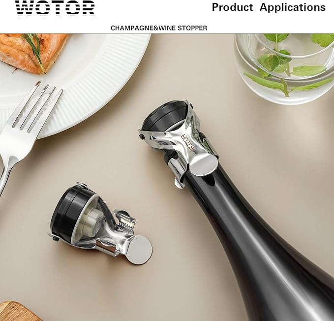 WOTOR Champagne&Wine Bottle Stoppers Stainless Steel with Food Grade Silicone, Leak Proof Keep Fresh Reusable Saver, Cork Suitable for Wine, Champagne, Cava, Prosecco and Sparkling (8 Pack Silver)