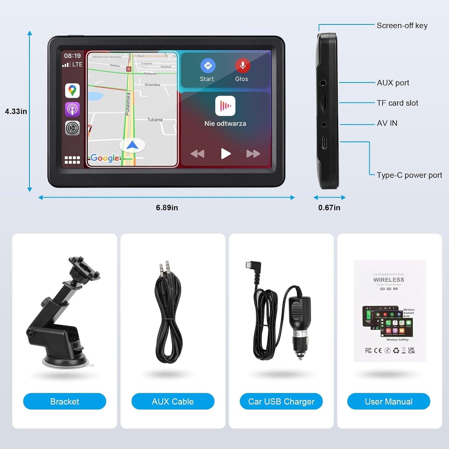 Wireless Carplay Screen for Car, 7" HD Touch Screen Portable Car Stereo for Carplay & Android Auto, Pantalla para Carros with Bluetooth, AUX, FM Transmitter, Voice Control