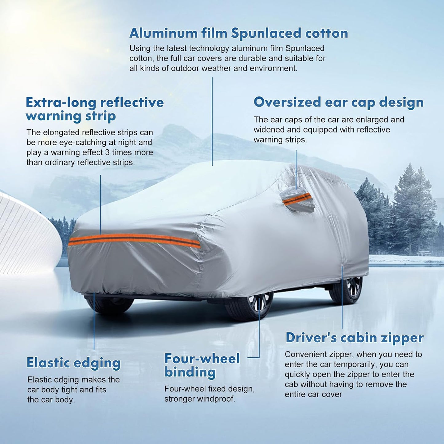 KEYOOG Car Cover, Fit for 188"-198" Length Sedan, 6-Layer All-Weather Waterproof, Universal in All Seasons, Snow Prevention, Rainproof, Acid Rainproof, Sunscreen, Orange Reflective Strip