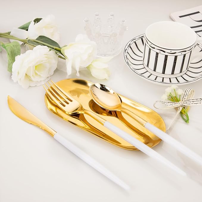 I00000 60 Pcs Gold Plastic Silverware - Heavy Duty Plastic Cutlery -Party Disposable Silverware Set,Disposable Cutlery Set Includes 20 Forks, 20 Knives, 20 Spoons Perfect for Wedding