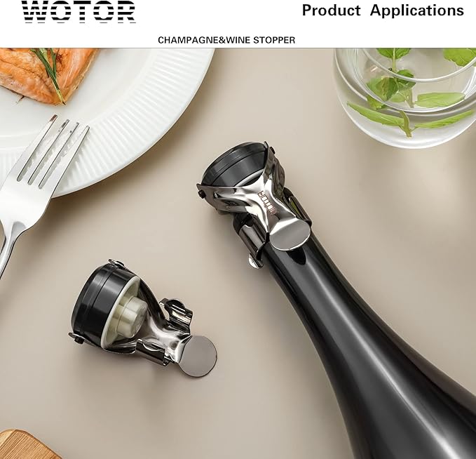 WOTOR Champagne&Wine Bottle Stoppers Stainless Steel with Food Grade Silicone, Leak Proof Keep Fresh Reusable Saver, Cork Suitable for Wine, Champagne, Cava, Prosecco and Sparkling (12 Pack Black)