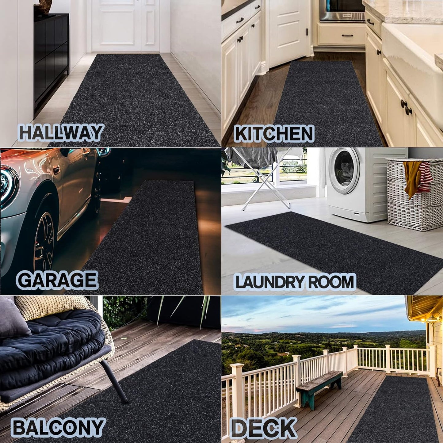 Custom Size Backed Non-Slip Area Rugs Runner, Easy Clean, Waterproof Runner Rugs for Hallway Entryway, Kitchen, Laundry, 3FT x 61FT, Black