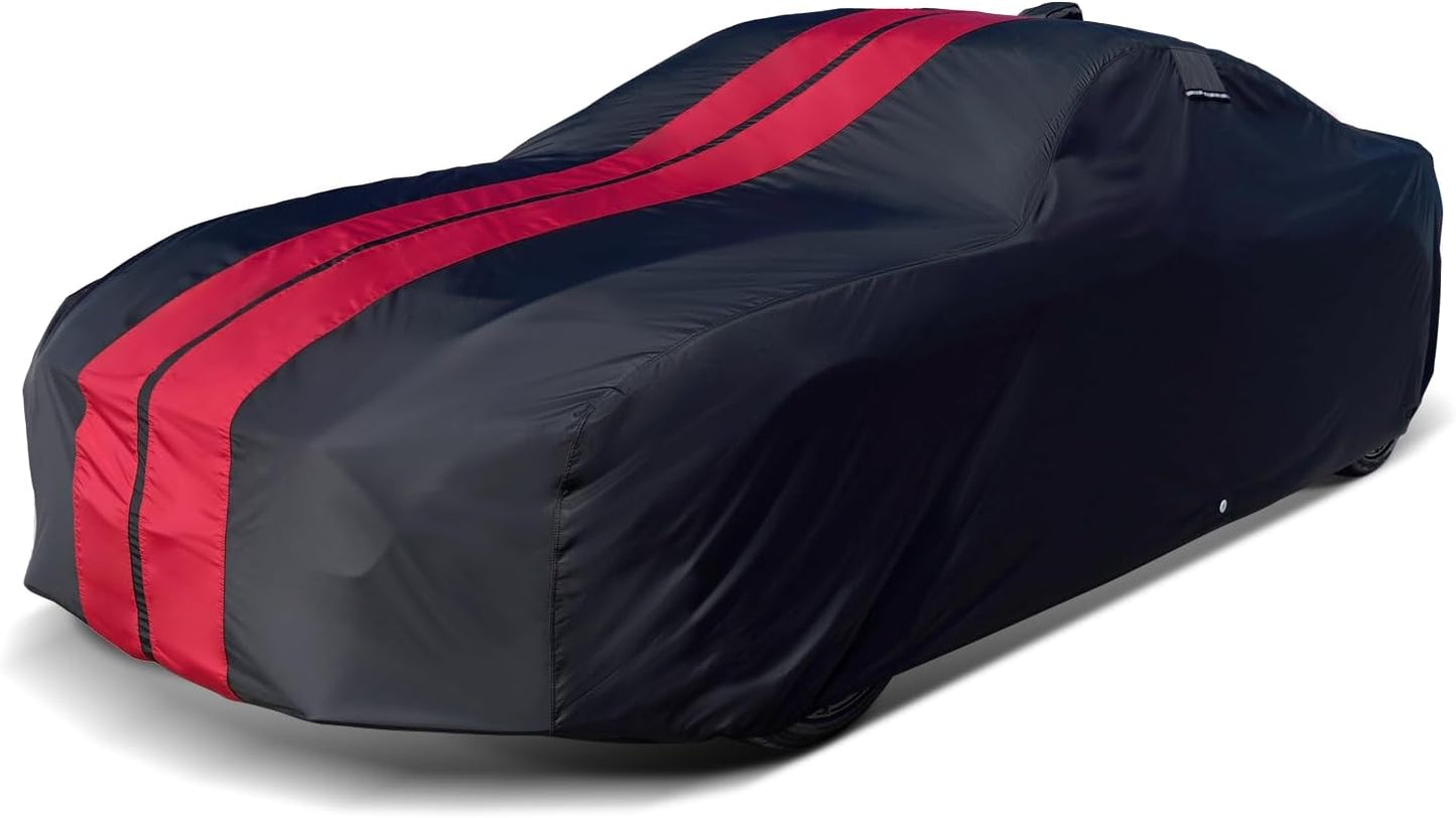 iCarCover Custom Car Cover for Pontiac Parisienne Wagon (1965-1970) Waterproof All-Weather Rain Snow UV Sun Protector Full Exterior Indoor Outdoor Car Cover (Stripe - Black/Red)