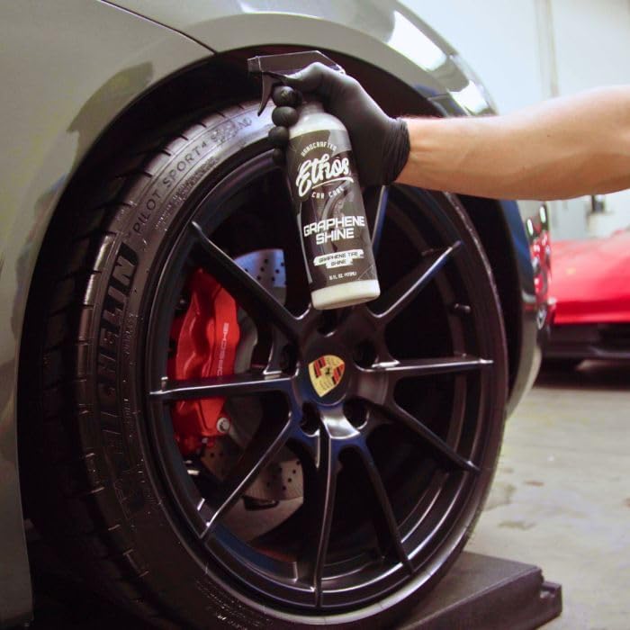 Ethos Graphene Shine - Trim & Tire Shine Spray, High Sheen, Non Greasy, Sling Free Finish! Conditions and Protects Rubber with UV Protection (16 Oz)