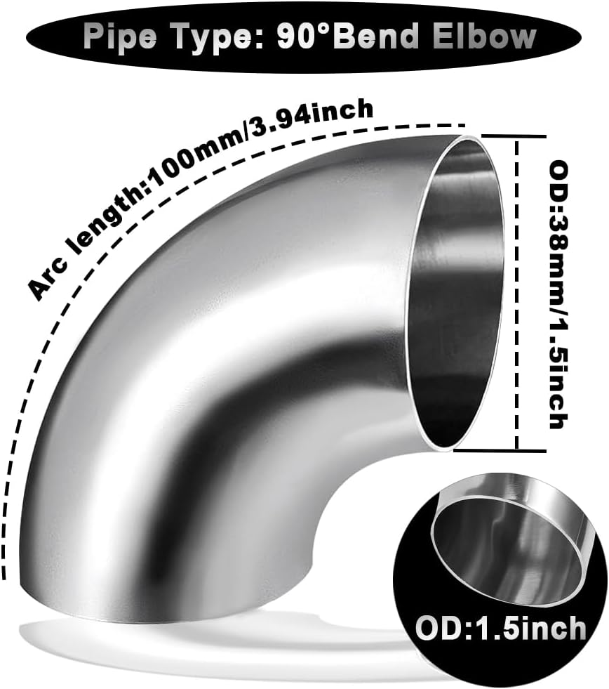OD 1.5 Inch 90 Degree SS304 Stainless Steel Bend Tube Exhaust Elbow Pipe for Car Modified Exhaust System 1.5" Piping Silver Tone，Stair Handrail (1pcs)