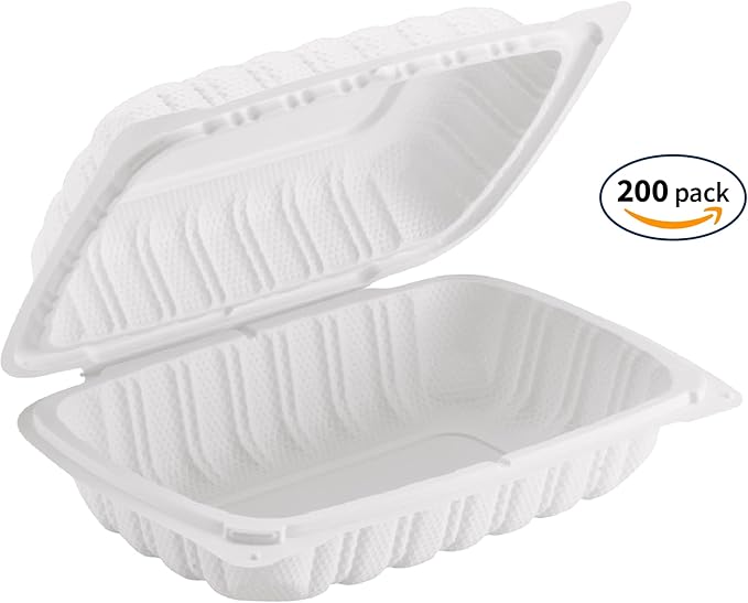 TIYA Clamshell Food Containers - White Bulk 200 Pack, 9x6 in - BPA-Free Plastic To-Go Containers - Reusable, Microwavable, Hinged, Tall Takeout Clamshells - Great for Meal Prep