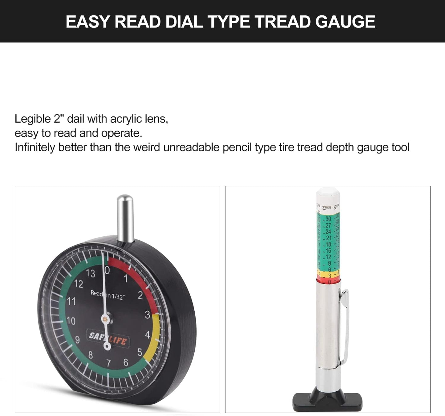 SAFELIFE Tire Tread Depth Gauge, 10 Pack Dial Type Tire Tread Depth Gauge Professional for Motorcycle, Car,Truck and Bus,Easy Reading Tyre Tread Depth Gauge in 32nds