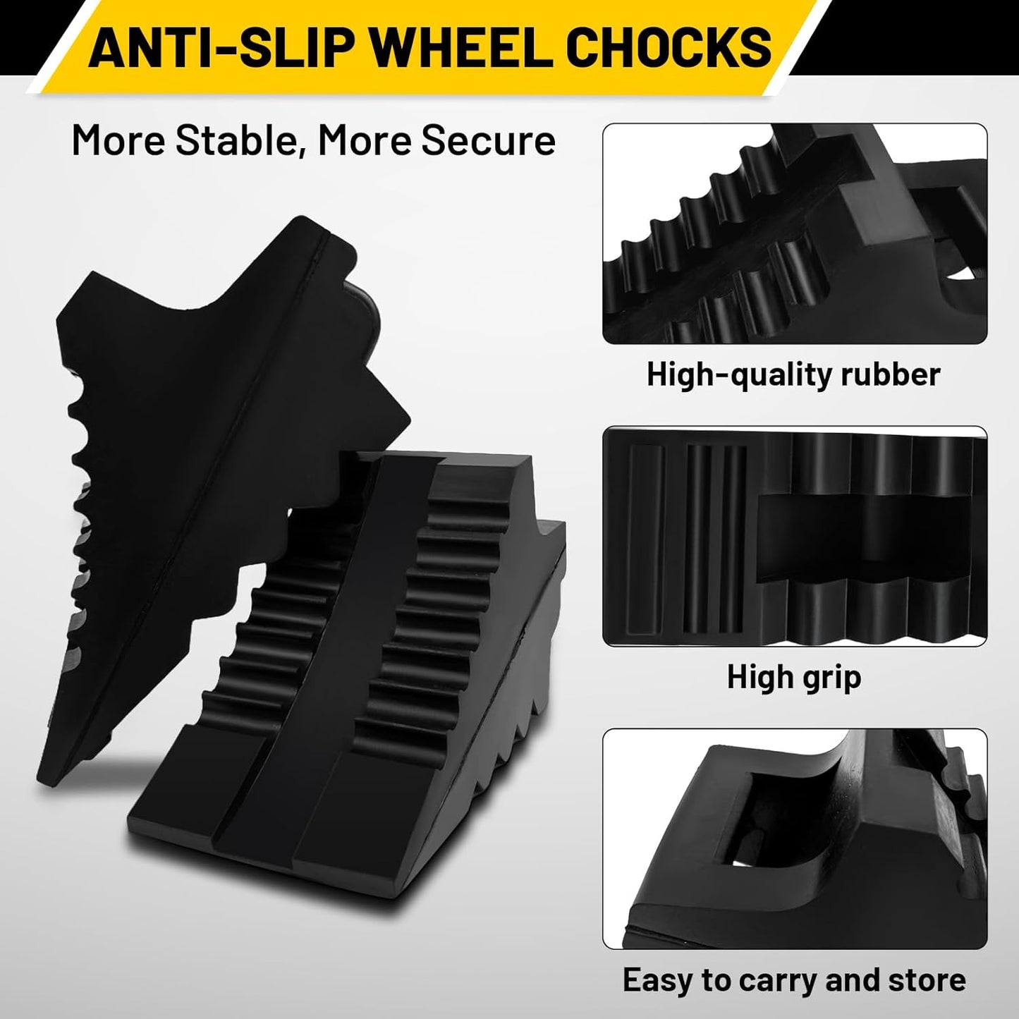 ROBLOCK Solid Rubber Wheel Chocks Heavy Duty Trailer Chock, G.V.W. Up to 4T, 2 Pack Black, 8.6" L x 3.7 W x 4.7" H for Car, Travel Trailers, RV, Truck, and ATV, for All Weather Use