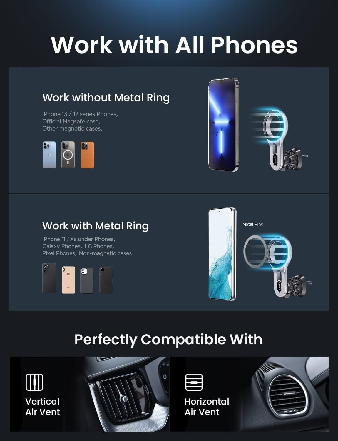 LISEN for iPhone 16 MagSafe Car Mount, [Quick Install] Ultra Magnetic Long Arm Mag Safe Car Phone Holder Vent, Car Accessories Fit for iPhone 16 Pro Max 15 14 13 12 Plus Mini Men Women, Silver