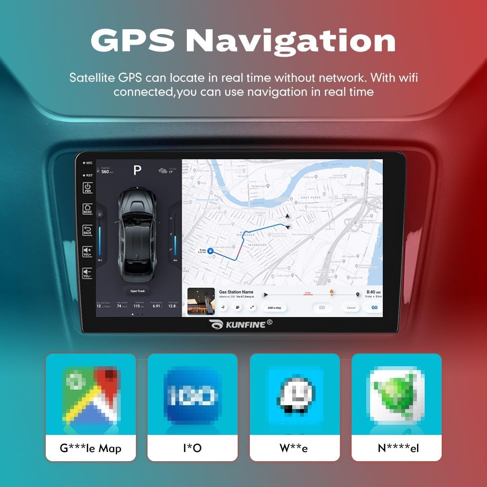 Kunfine Car CarPlay Android Auto Navigation Stereo GPS Radio Reverse Camera Display 9" IPS Touchscreen Headunit Tablet Pad Media Player For Peugeot 301 13-22 if Applicable Octa Core 4G+64G Matte Black