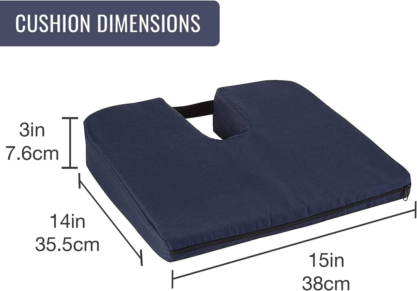 DMI Gradual Slope Seat Cushion for Coccyx, Sciatica and Tailbone Pain Used With Dining Room Chairs, Desk Chairs, Car Seats or Wheelchair Cushions, Machine Washable-Cover, 15 Inch, Navy