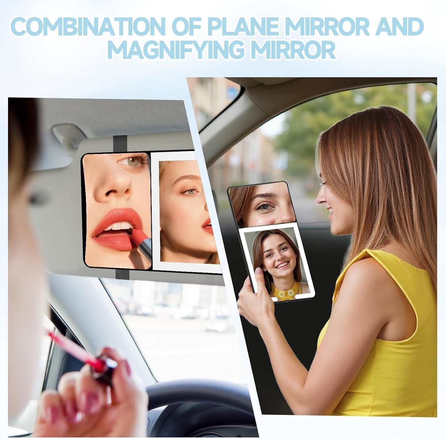 Car Sun Visor Vanity Mirror with Lights,Side with 6 inch 20X Magnifying Mirror,Rechargeable Car Makeup Mirror with 3 Light Modes,Dimmable Touch Led Screen,Black