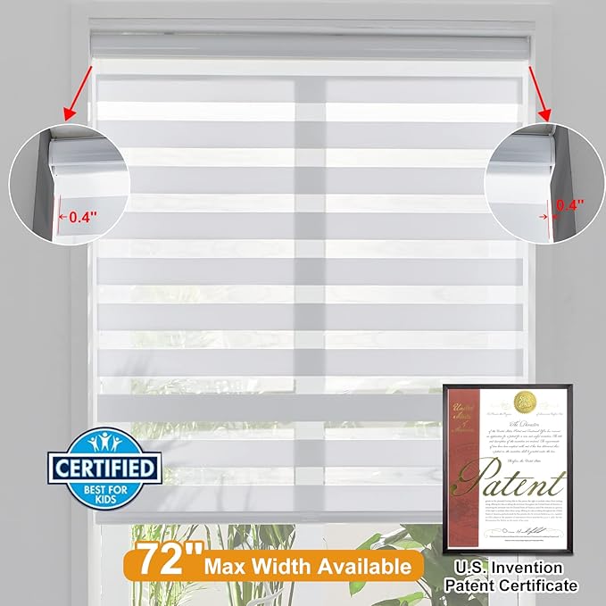 Persilux Cordless Zebra Blinds for Windows Shades (17" W x 64" H, White) Dual Layer Fabric for Day and Night Thermal Roller Shades, Free-Stop Room Darkening Sheer Shades for Home, Office and Bedroom