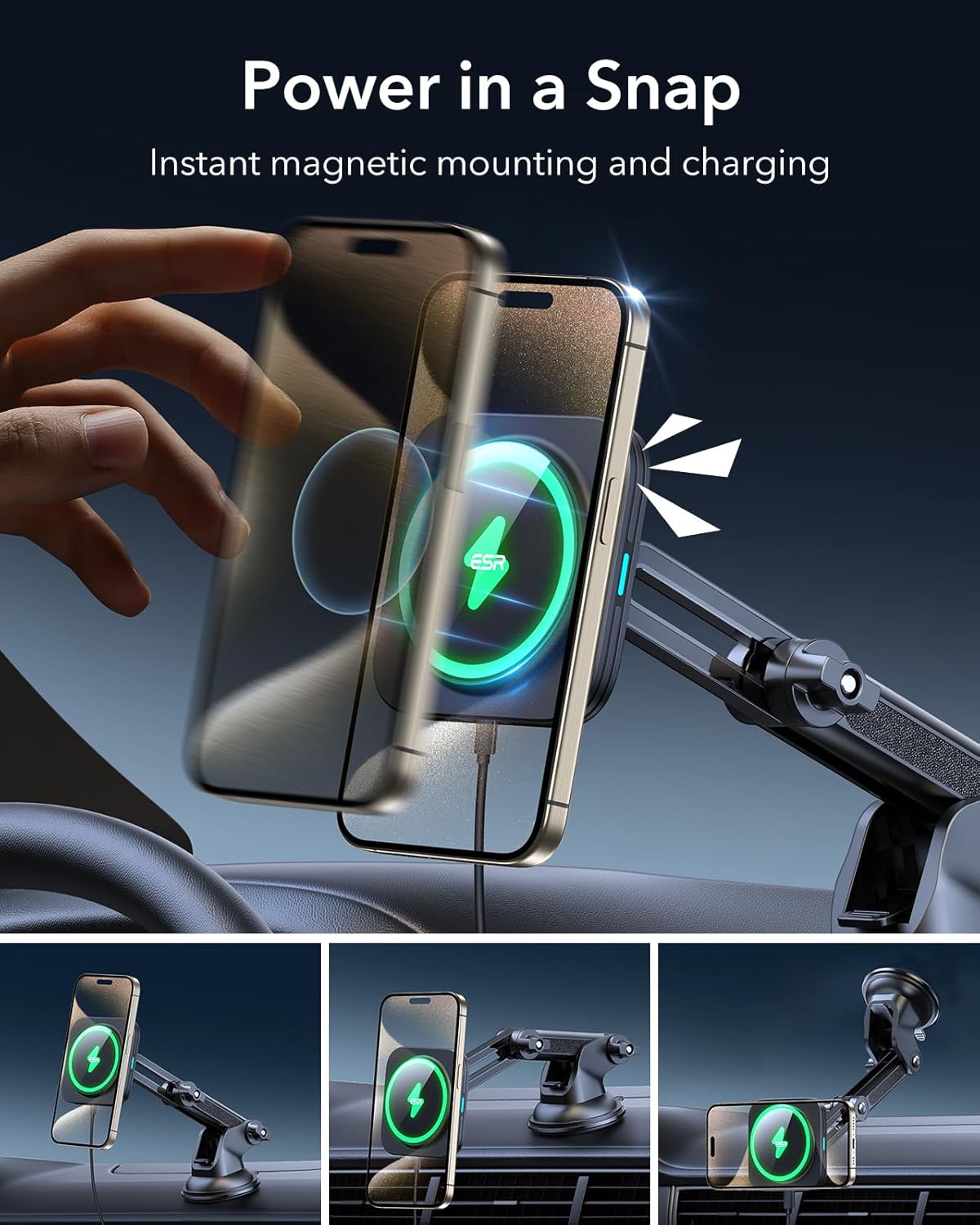 ESR for MagSafe Car Mount Charger, for Magsafe Car Charger, Dashboard/Windshield Magnetic Wireless Phone Charging, 360° Rotation, Magnetic Car Phone Holder for iPhone 16/15/14/13/12, S25,Fast Charging
