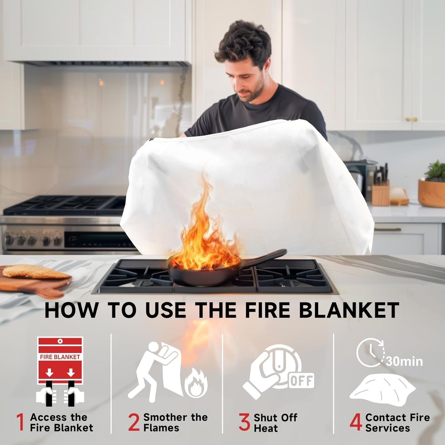 Fire Blanket Emergency for Home Kitchen - 40"x40" Fireproof Safety Protection Fiberglass Flame Retardant Blankets Survival Essential Kit for Outdoor Camping House Car Fireplace Grill BBQ - 2 Pack