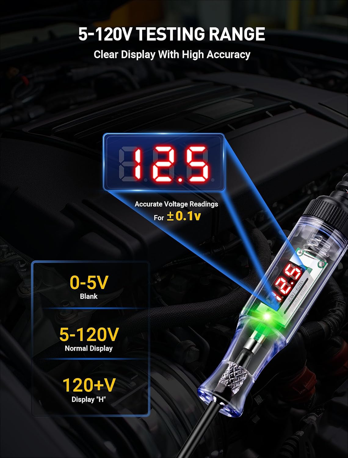 Automotive Test Light with 5-120V LED Digital Voltage Display, Circuit Tester Automotive with Voltmeter & Dual Color Polarity Indicator, Electrical Test Pen with Long Probe for Car RV Fuse Checker