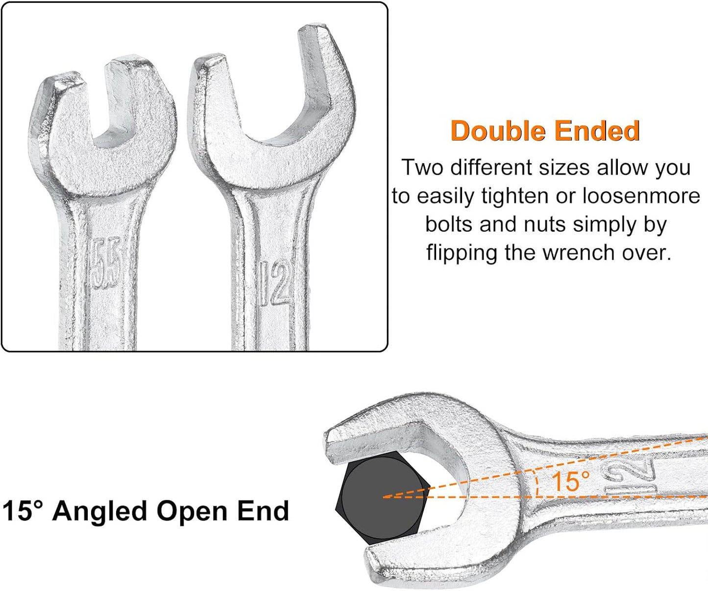 HARFINGTON Double Open End Wrench 10mm x 12mm Metric 15 Degree Offset Angle Small Flat Head Wrench Galvanizing Open Ended Spanner for Automotive Repair Furniture Assembly