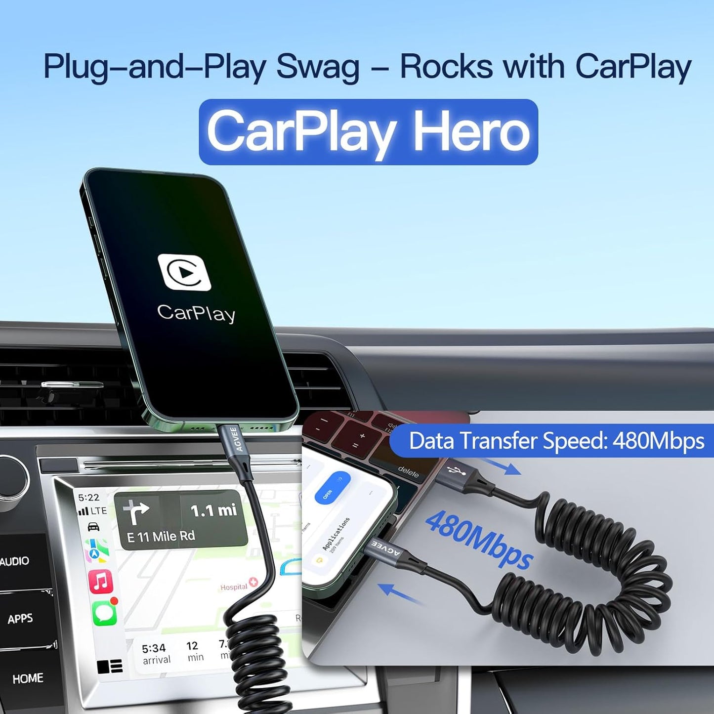 AGVEE 5ft Coiled Short USB to Lightning Charging Cable [MFI Certified] 3A Fast Charger Cord in Car for iPhone 14/13/12/11/XS/8/7/6/5 CarPlay, iPad, iPod, Dark Gray