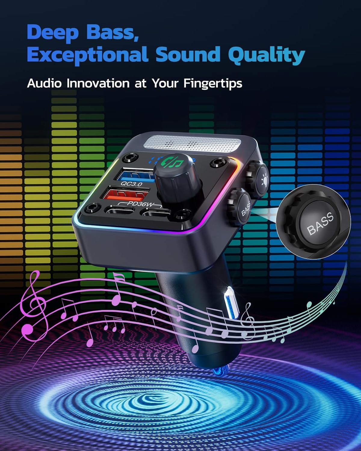 Nulaxy 54W Bluetooth 5.3 Car Adapter Charger 4-Port Fast Charging [PD36W & QC3.0 18W], Wireless Radio FM Transmitter with Deep Bass Player, 5 Colors LED Backlit, Hands-Free Calling, Support USB Drive