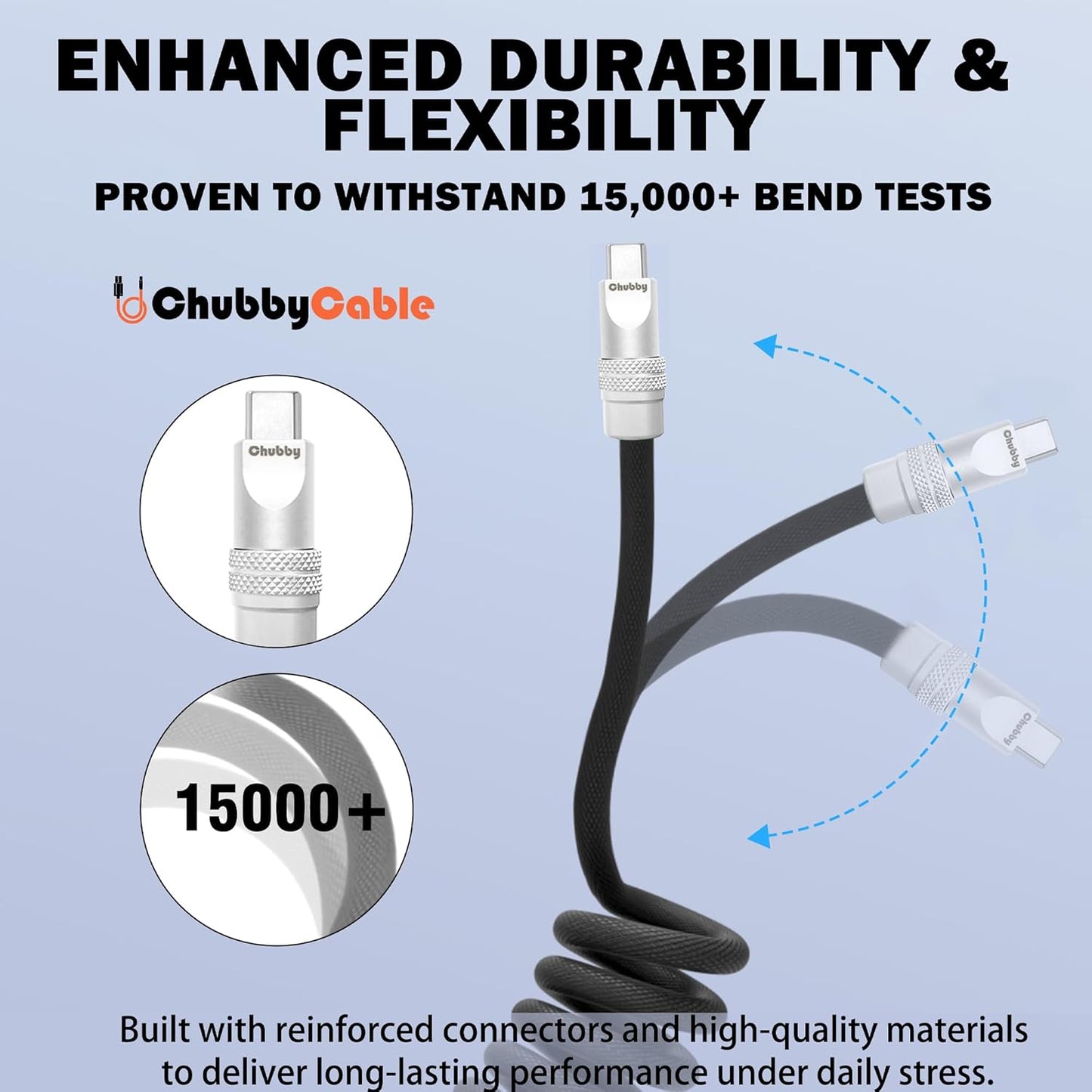 chubbycable Curly Chubby - Retractable Fast Charging Cable 240W Coiled Charger Cord for Car Durable USB-C Cable for Phones, Tablets and More, Purple+Purple, Type-C to Type-C, 1.3FT-2.3FT