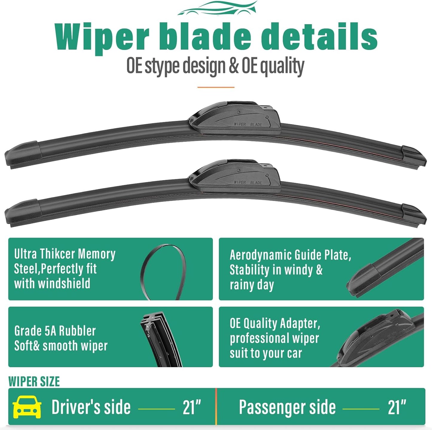 21" 21" 14" Windshield Wiper Blades Replacement for Jeep Grand Cherokee 2005 2006 2007 2008 2009 2010 Premium All Weather Front Rear Wipers Set - OEM Quality (Pack of 3)