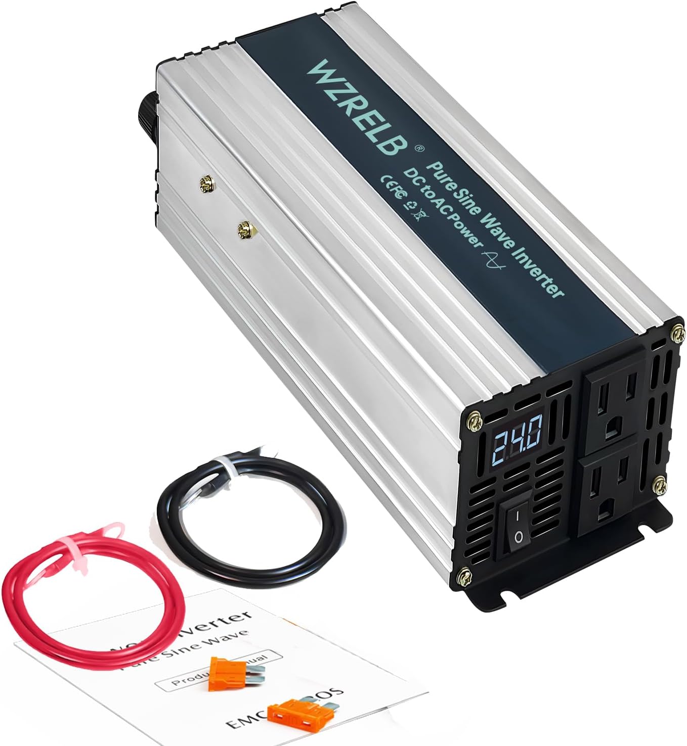 WZRELB 1000W Pure Sine Wave Inverter 24V DC to 110V 120V AC,Car Power Inverter with Dual AC Outlets, LED Display,Off-Grid Portable Power Converter for Home, RV, Truck, Camping