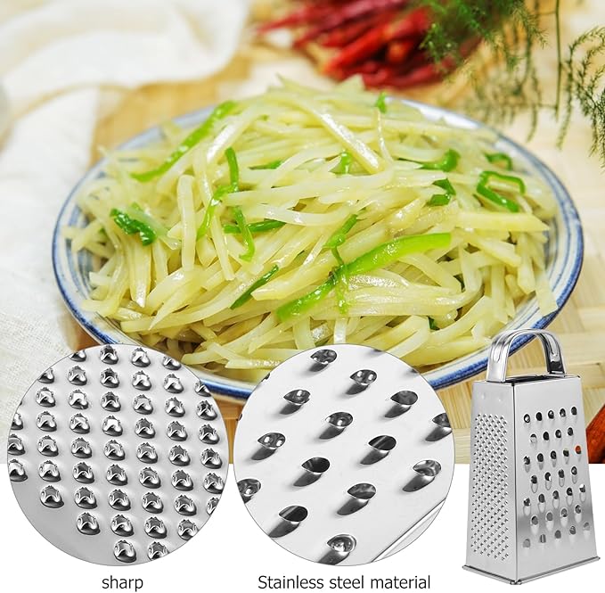 1pc Stainless Steel Vegetable Grater Portable Metal Grater 4-Sided Cheese Grater with Handle for Kitchen Restaurant (6inch)