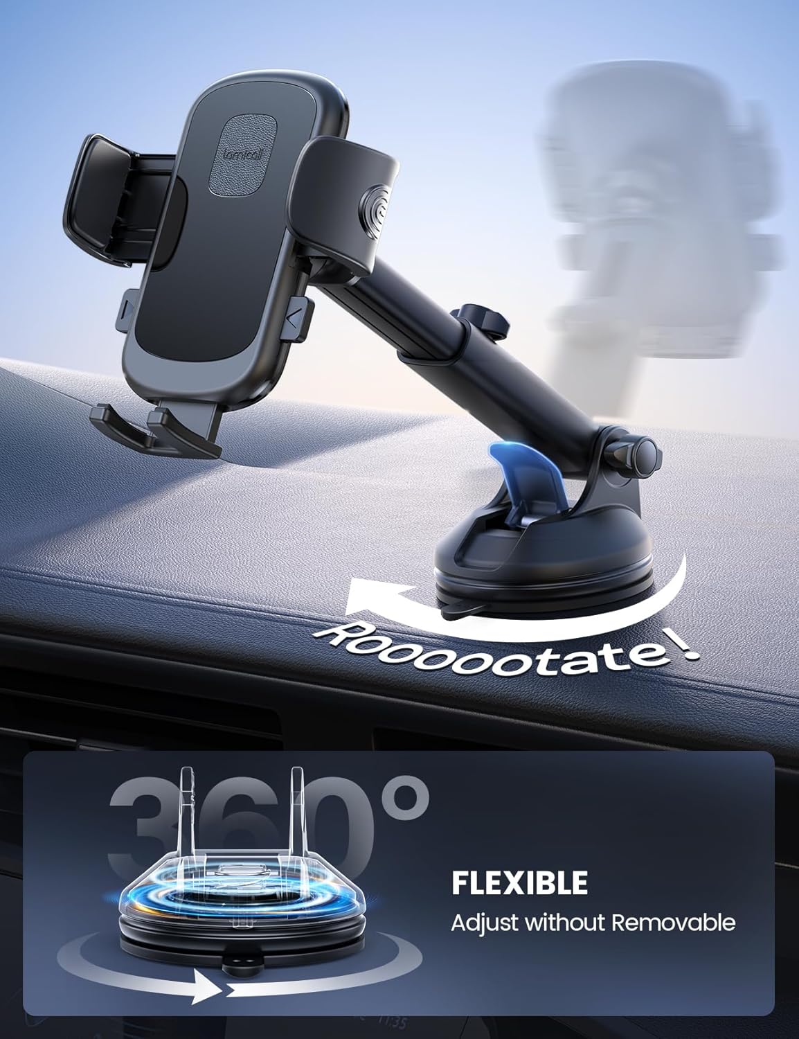 Lamicall Car Phone Holder Mount [3-in-1 Military-Grade Suction Cup] 360° Rotation Phone Holders for Your Car [Metal Hook] Cell Phone Car Mount Dashboard Vent Windshield Smartphone LeatherGrain