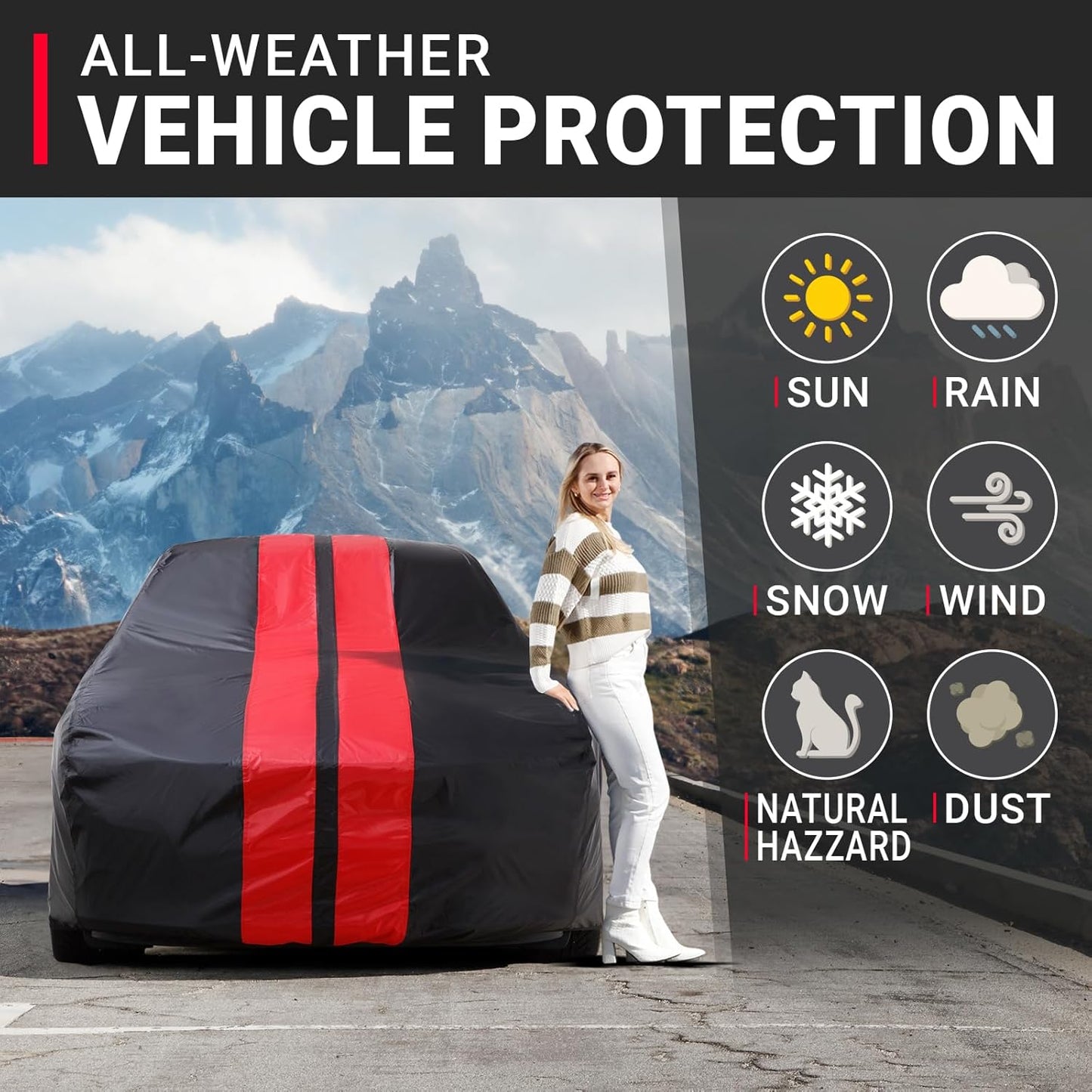 iCarCover Custom Car Cover for Chevy Bel Air 4-Door (1972-1975) Waterproof All Weather Rain Snow UV Sun Protector Full Exterior Indoor Outdoor Car Cover (Stripe - Black/Red)