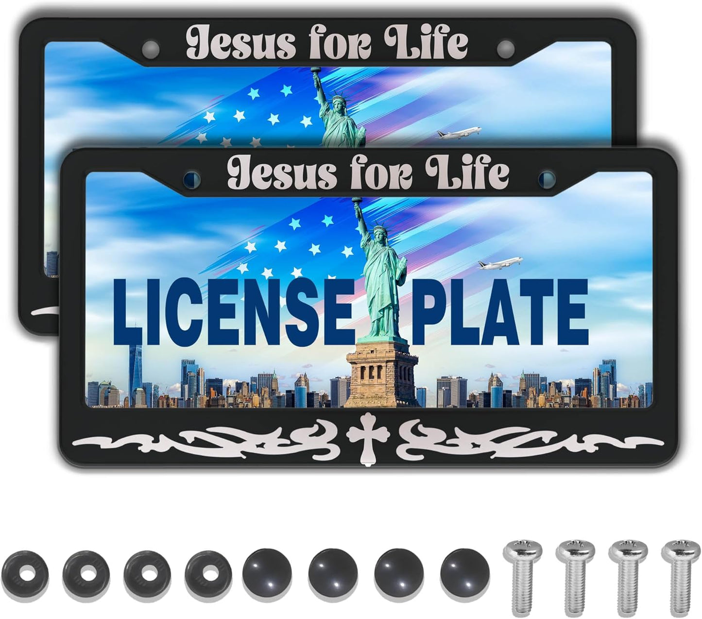 License Plate Frames Black and White Custom License Plate Frame Jesus for Life Aluminum Metal Car Accessory 2 Pack with Screw Covers Set