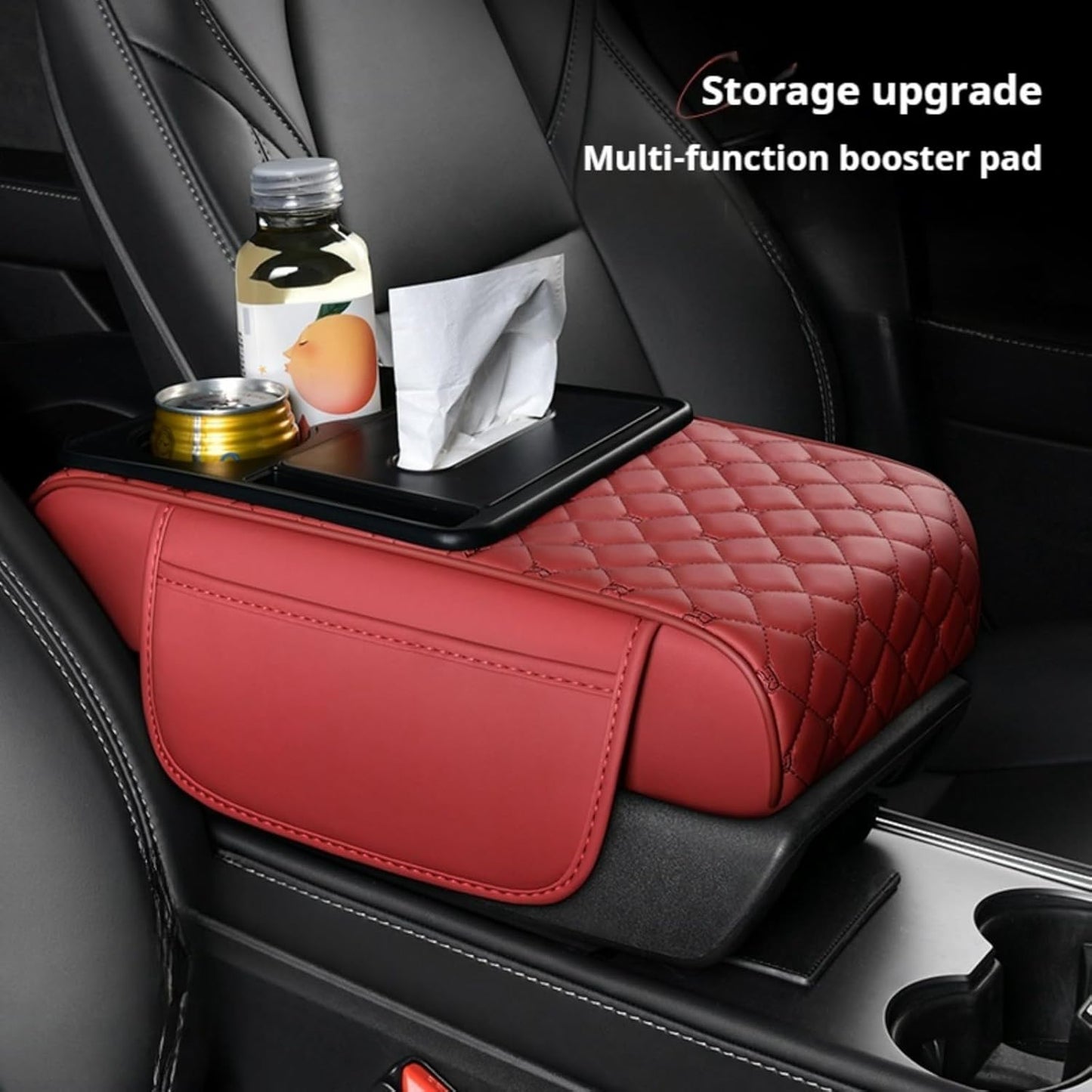 Center Console Cover Organizer, 5-In-1 Arm Rest Cover for Car with Cup Holder & Storage Pocket & Tissue Holder, Armrest Cover Cushion Pad, Grid, Orange