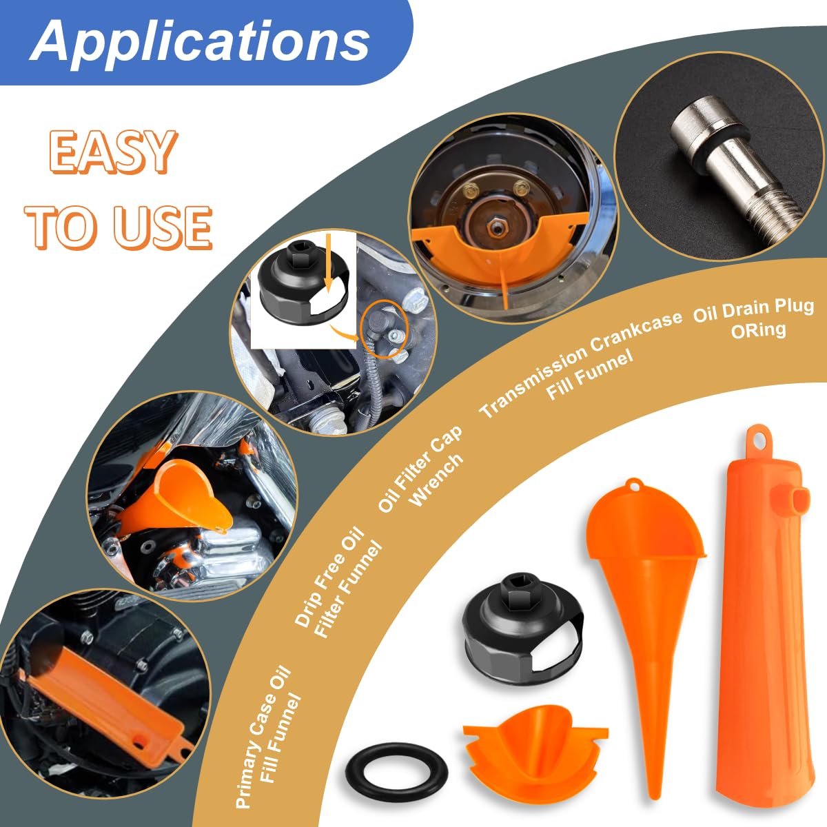 Oil Change Tool Kit for Harley Davidson Accessories,Oil Filter Wrench,Crankcase Fill Tool,Primary Case Funnel,Drip-Free Oil Filter Funnel,20PCS O-Rings