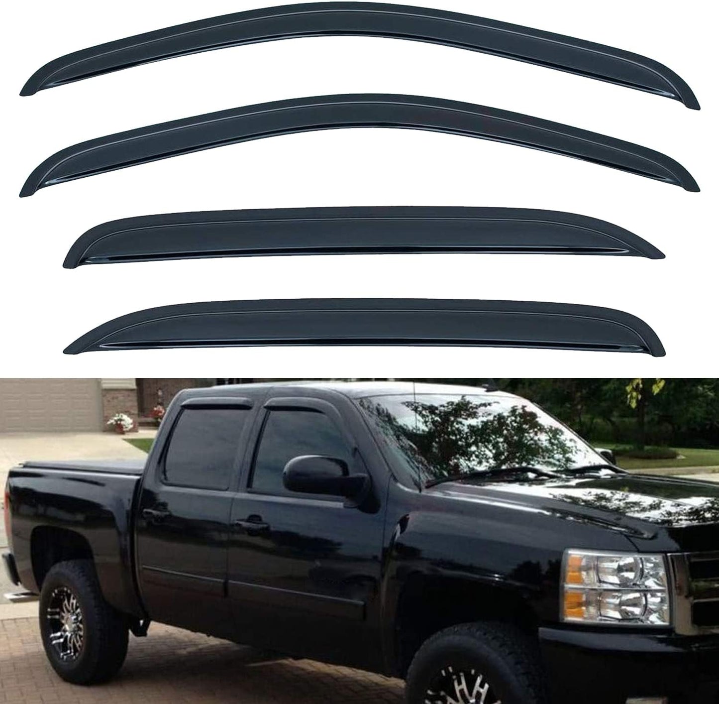 Set of 4 Front+Rear Smoke Sun/Rain Guard Outside Mount Tape-On Acrylic Window Visors Compatible with 07-14 Avalanche Suburban Yukon XL Silverado Sierra 1500 2500 3500 HD Crew Cab