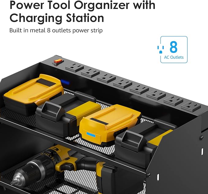 CCCEI Modular Power Tool Organizer Wall Mount with Charging Station. Garage Drill Storage Shelf with Hooks, Heavy Duty Rack, Tool Battery Holder Built in 8 Outlet. Gift for Men. Black, 1 Pack.