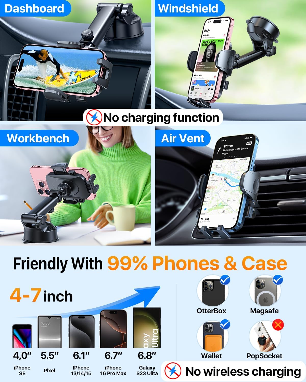 HTU [True Military-Grade] 2025 Upgraded Car Phone Holder 【Safety Certs & No Smell】 Cell Phone Holder for Car Mount for Dashboard Windshield Air Vent Long Arm Thick Case,Black