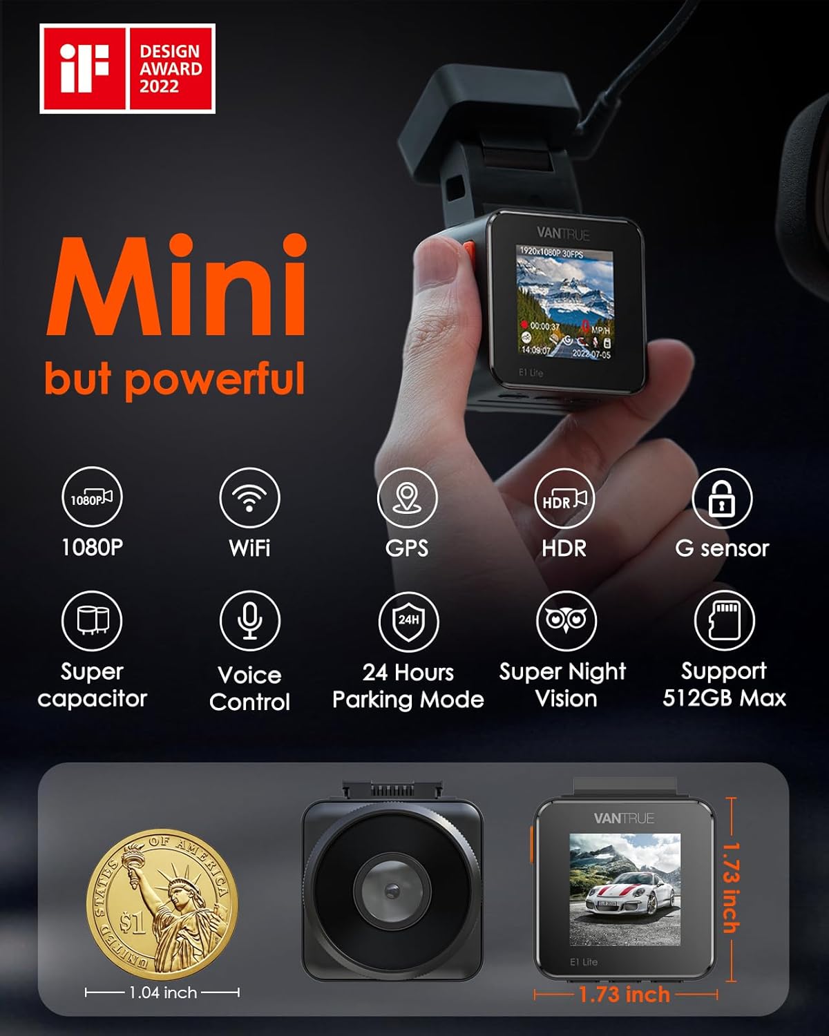 Vantrue E1 Lite 1080P WiFi Mini Dash Cam with GPS and Speed, Free App, Voice Control Detachable Dash Camera, 24 Hours Parking Mode, Night Vision, Motion Detection, Loop Recording, Support 512GB Max