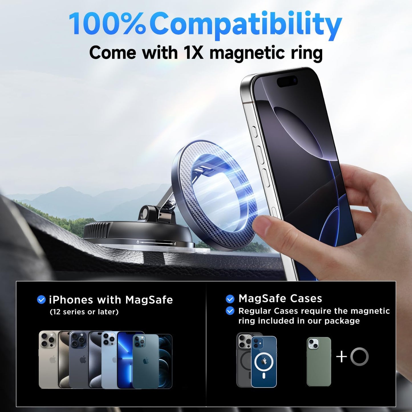 Car Phone Holder for Magsafe [78+LBS Strongest Suction & 2400gf Strongest Magnetic] 360° Adjustable Car Phone Mount, Phone Holders for Your Car for iPhone 16 Pro Max 15 14 13 12 Plus (Carbon Fiber)