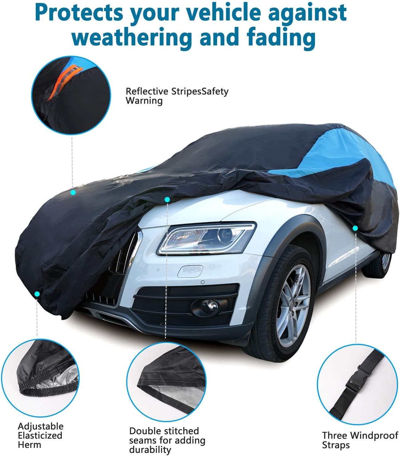 MORNYRAY Waterproof Car Cover All Weather Snowproof UV Protection Windproof Outdoor Full SUV Car Cover, Universal Fit for SUV (Fit SUV Length 191-201 inch, Blue)