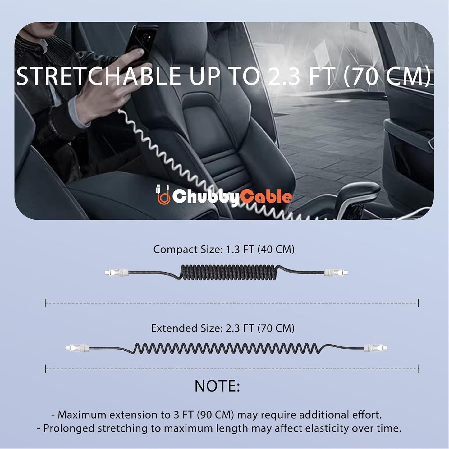 chubbycable Curly Chubby - Retractable Fast Charging Cable 240W Coiled Charger Cord for Car Durable USB-C Cable for Phones, Tablets and More, Red, USB-A to Type-C, 1.3FT-2.3FT