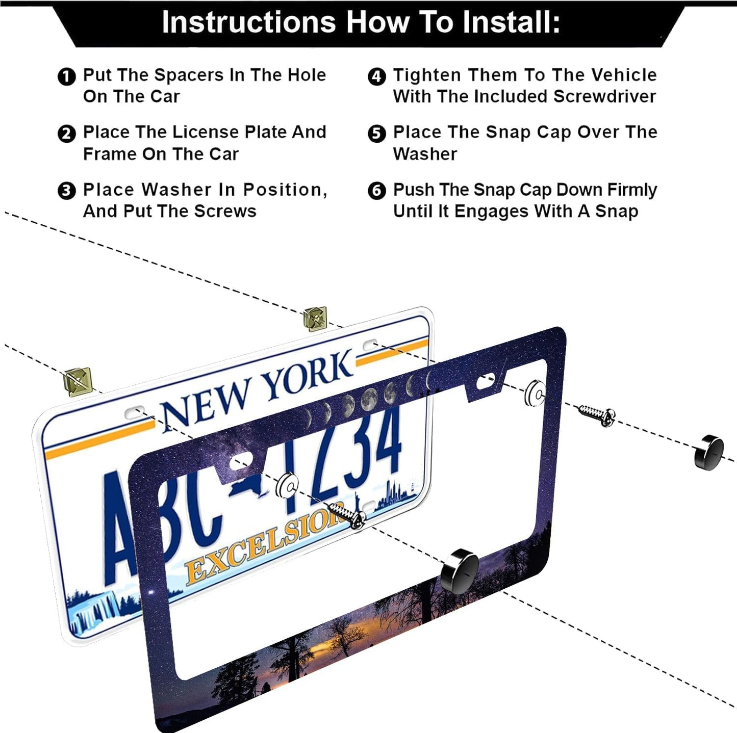Starry Sky Moon License Plate Frames - 2 Pcs Set 2 Holes Stainless Steel Metal Novelty Auto Car Accessories Decoration License Plate Frame Cover Size 6.3" x 12.2" Fit US Vehicles for Women Men Gift
