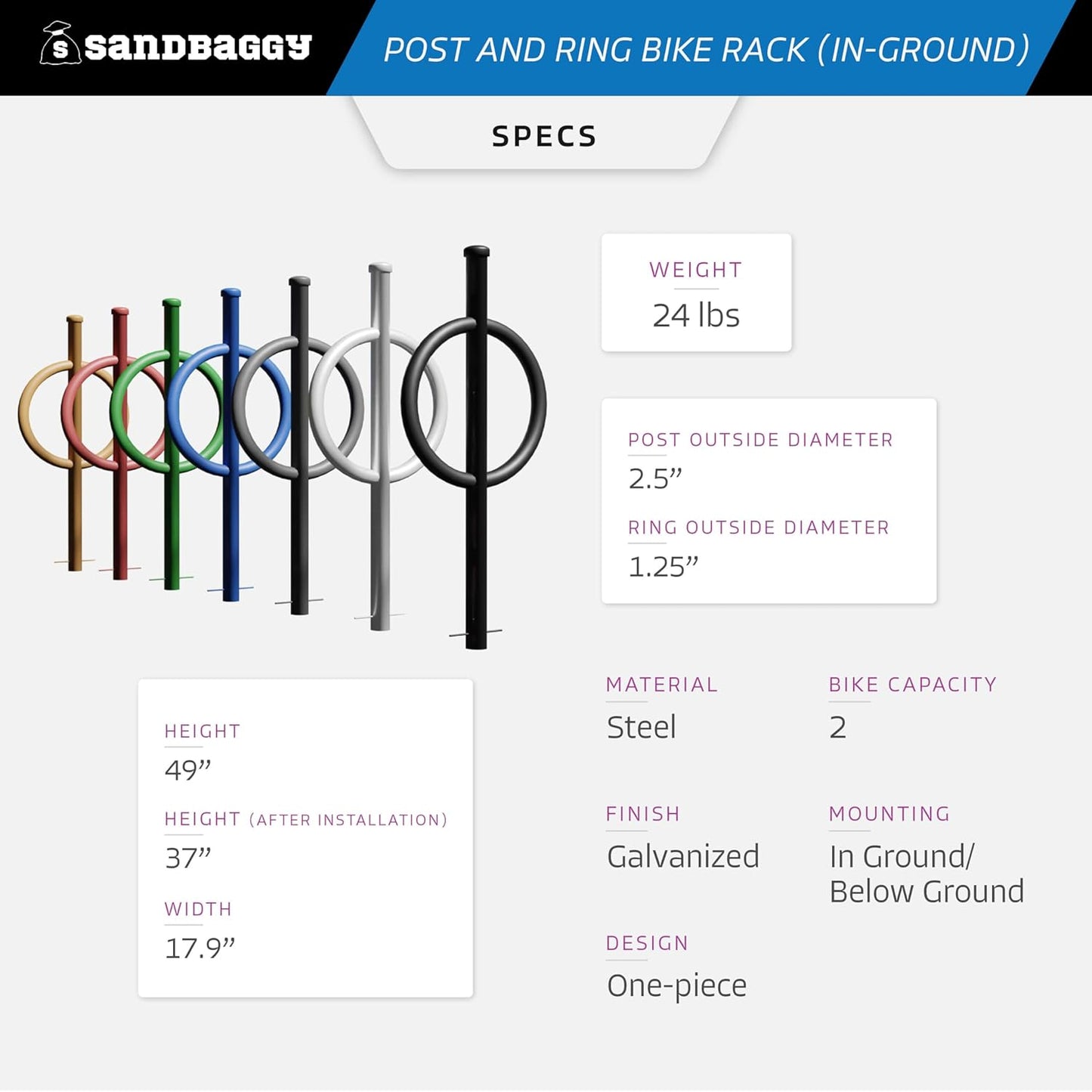 Sandbaggy Post and Ring Rack - In Ground - Commercial Outdoor Bike Parking & Storage Racks (Red, 1)