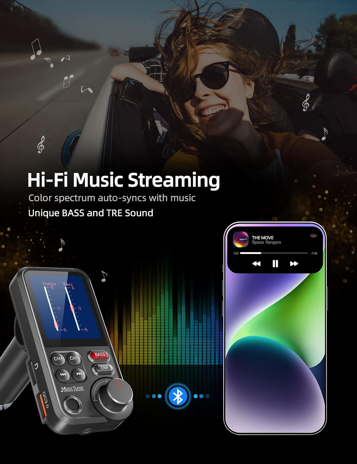 Nulaxy Bluetooth FM Transmitter for Car, 1.8" Color Screen Strong Mic Bluetooth Car Adapter with QC3.0 Fast Charger, Treble & Bass Sound Music Player, Hands-Free Calls, Supports Aux/TF Card/USB Drive