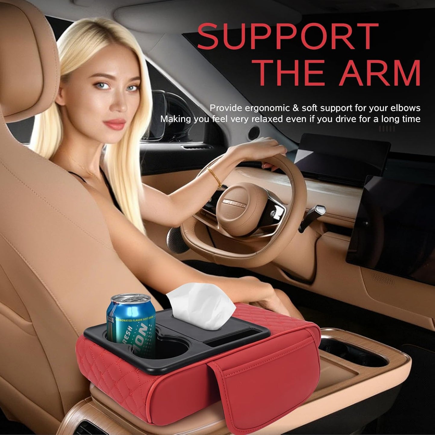 5 in 1 Car Armrest Storage Box for Center Console, Armrest Cushion Cover for Car with 2 Cup Holders Storage Bags, Tissue Box, Phone Slot, Premium Memory Foam with Nappa Leather, 14.2*7.9*2.8in, Black