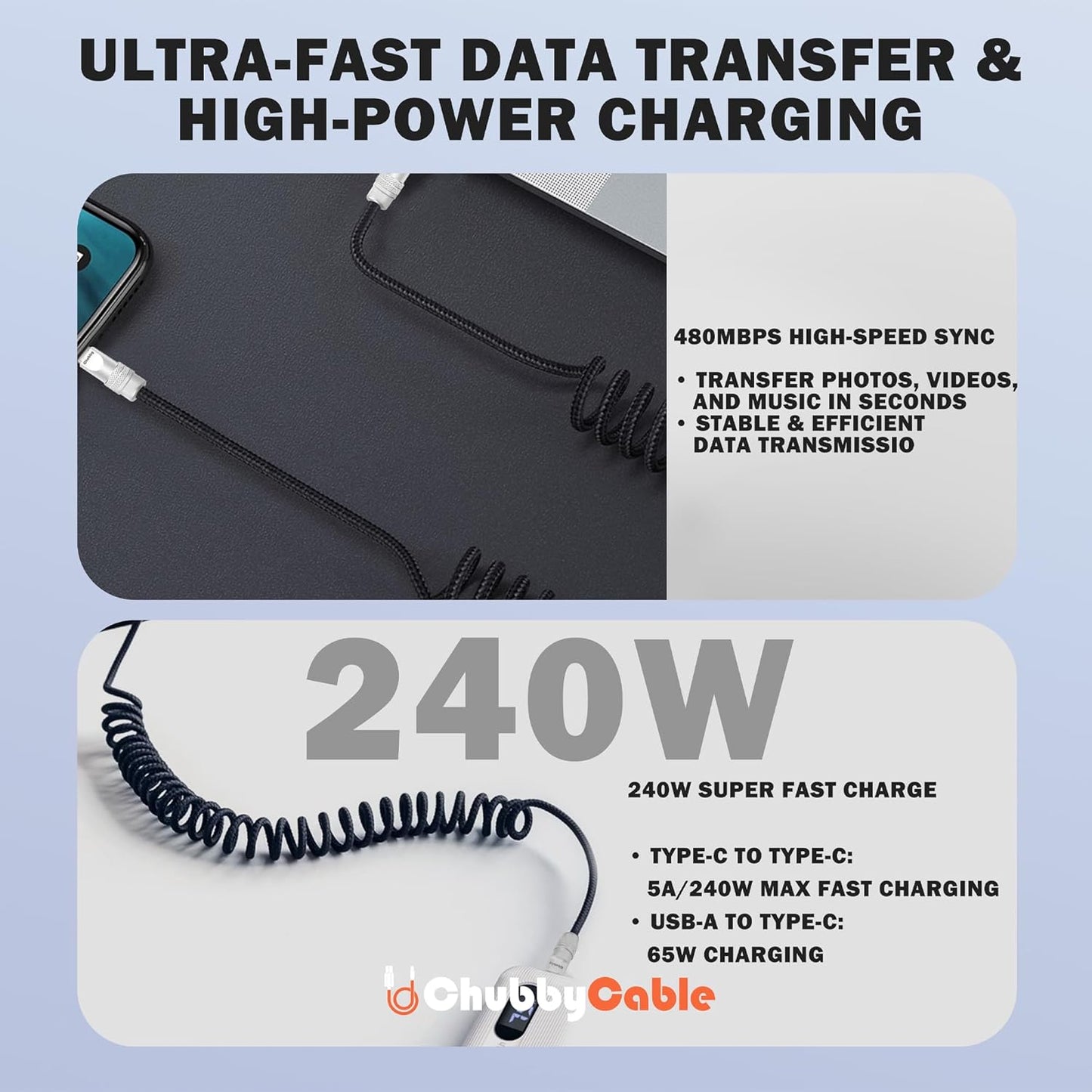 chubbycable Curly Chubby - Retractable Fast Charging Cable 240W Coiled Charger Cord for Car Durable USB-C Cable for Phones, Tablets and More, Dark Blue+Dark Blue, USB-A to Type-C, 1.3FT-2.3FT