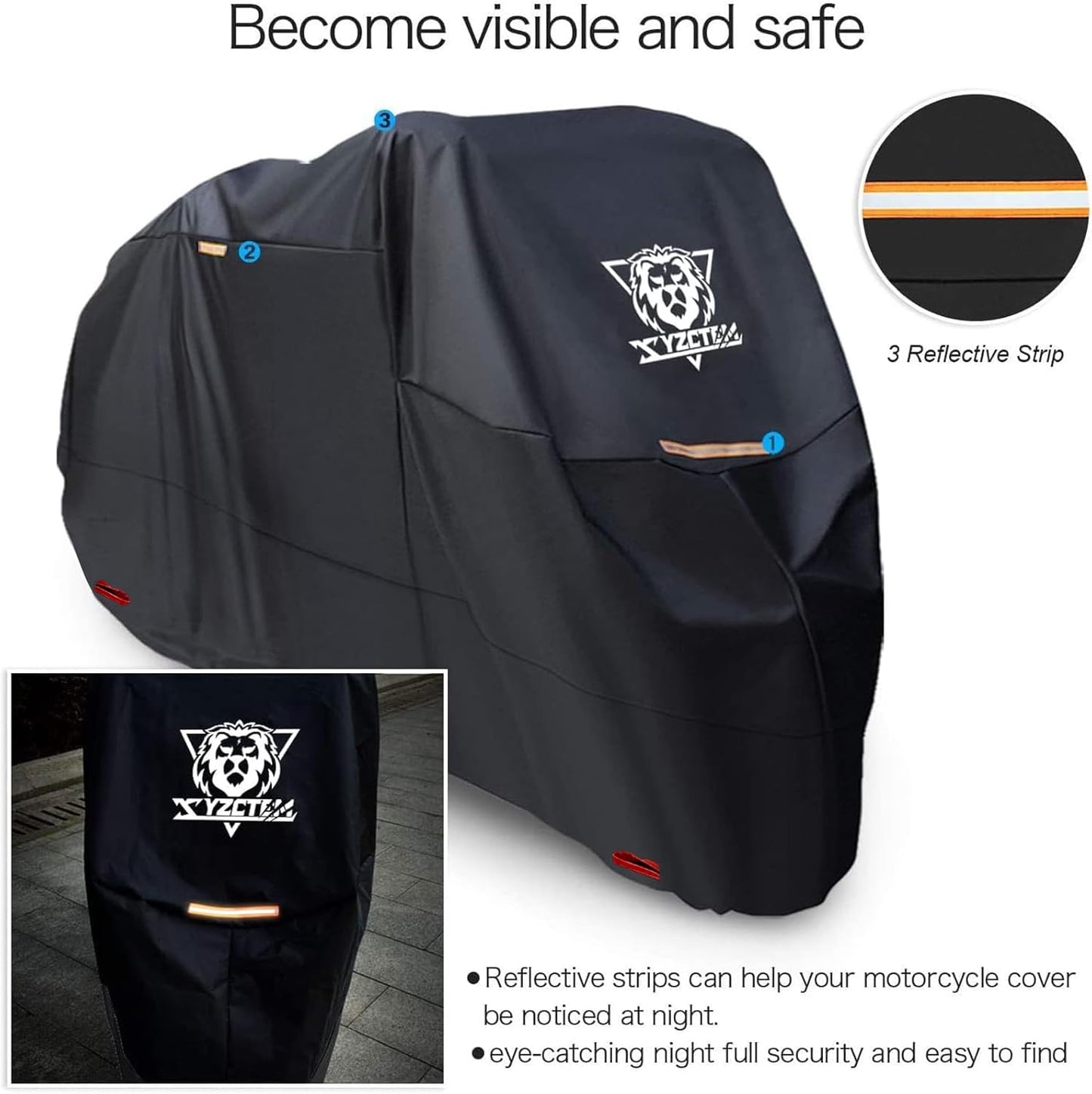 XYZCTEM Motorcycle Cover -Waterproof Outdoor Storage Bag,Made of Heavy Duty Material Fits up to 91 inch, Compatible with Harley Davison and All Motors(Black& Lockholes& Professional Windproof Strap)