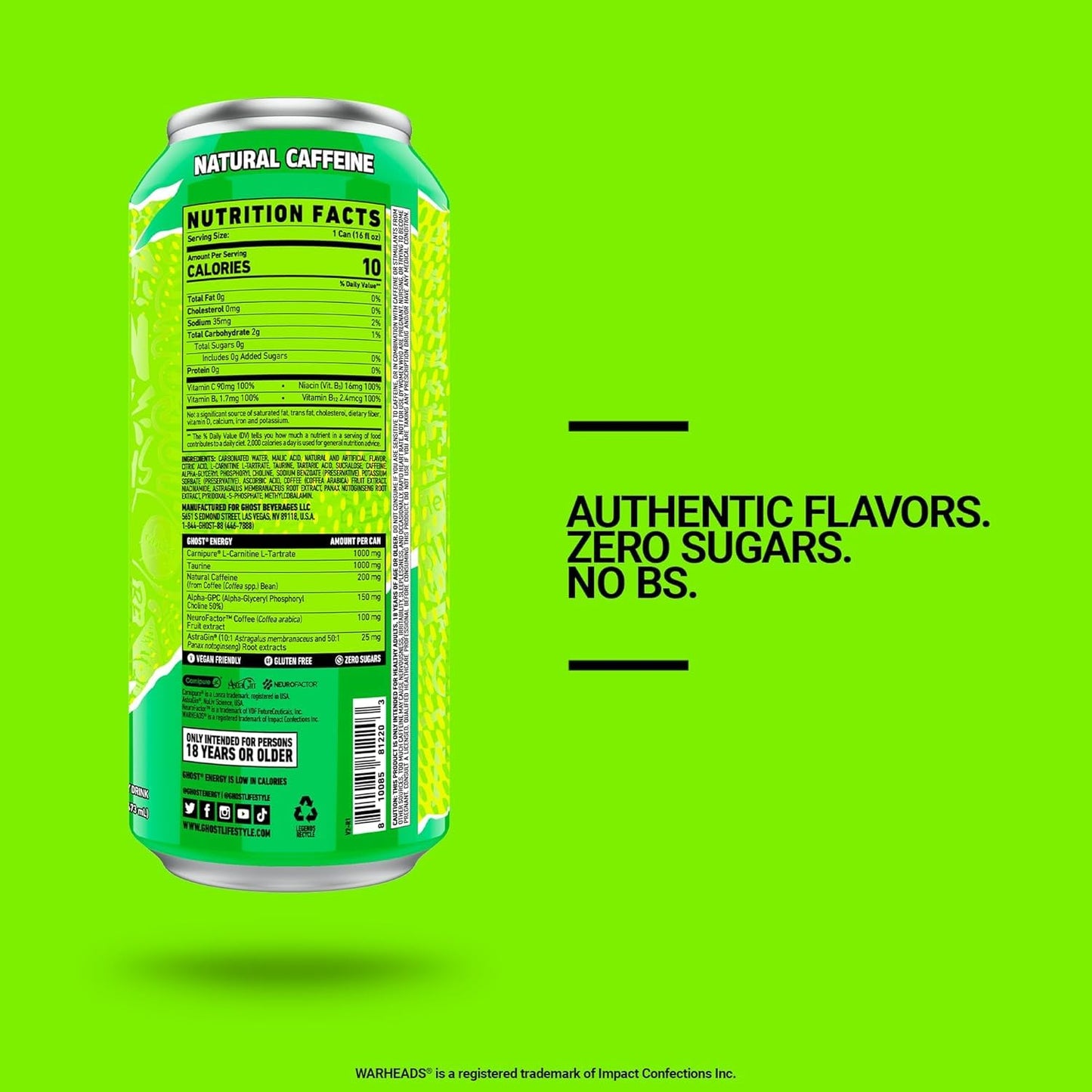 GHOST Energy Drink - 12-Pack, Warheads Sour Green Apple, 16oz - Energy & Focus & No Artificial Colors - 200mg of Natural Caffeine, L-Carnitine & Taurine - Gluten-Free & Vegan
