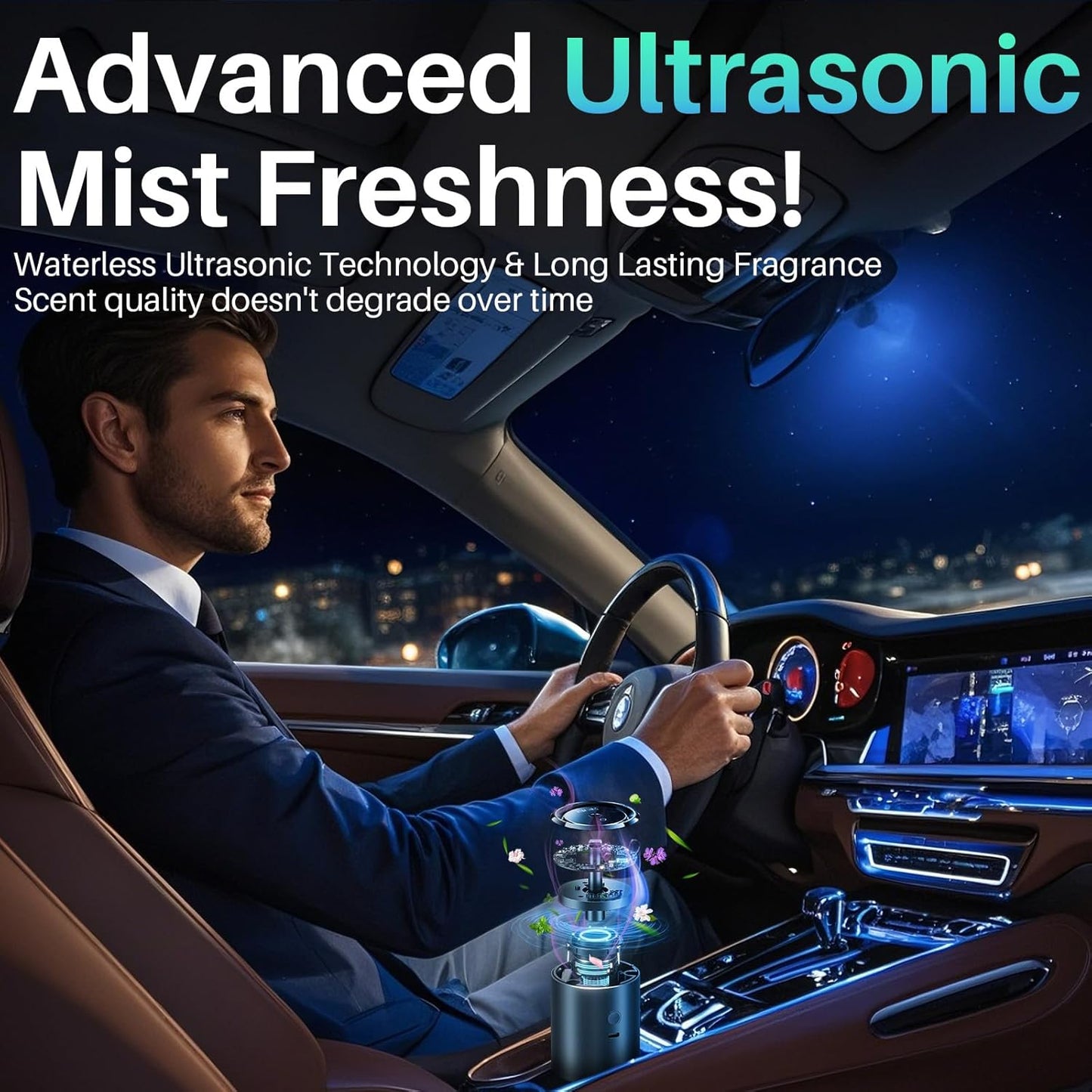 Smart Car Air Freshener Diffuser, Car Diffuser Air Fresheners Long Lasting with 100ml Capacity Essential Oil Last 6 Months, RGB Music Syncing Light, Auto On/Off, 5 Adjustable Car freshener, Sauvage