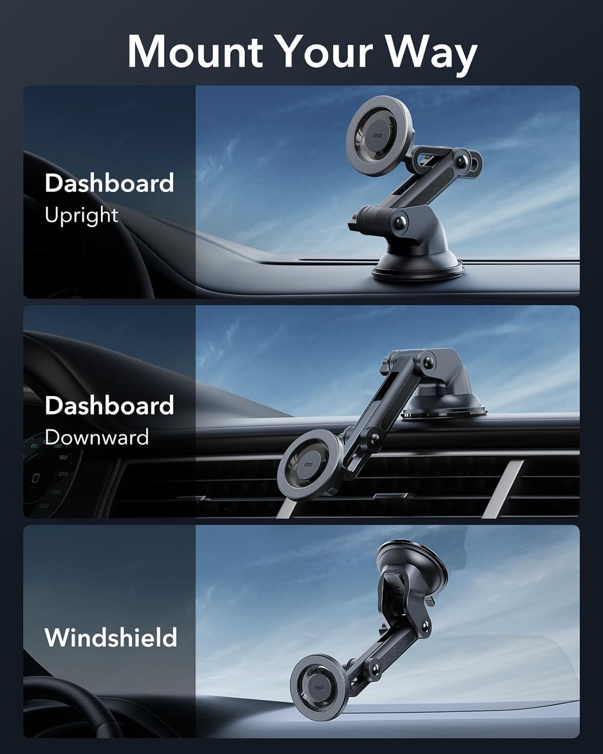 ESR Dashboard Magnetic Phone Holder for Car, for MagSafe Car Mount, Windshield Vacuum Car Mount for iPhone 16/16e/15/14/13/12, Samsung, Car Accessories, Charging Not Supported,2 Metal Rings Included