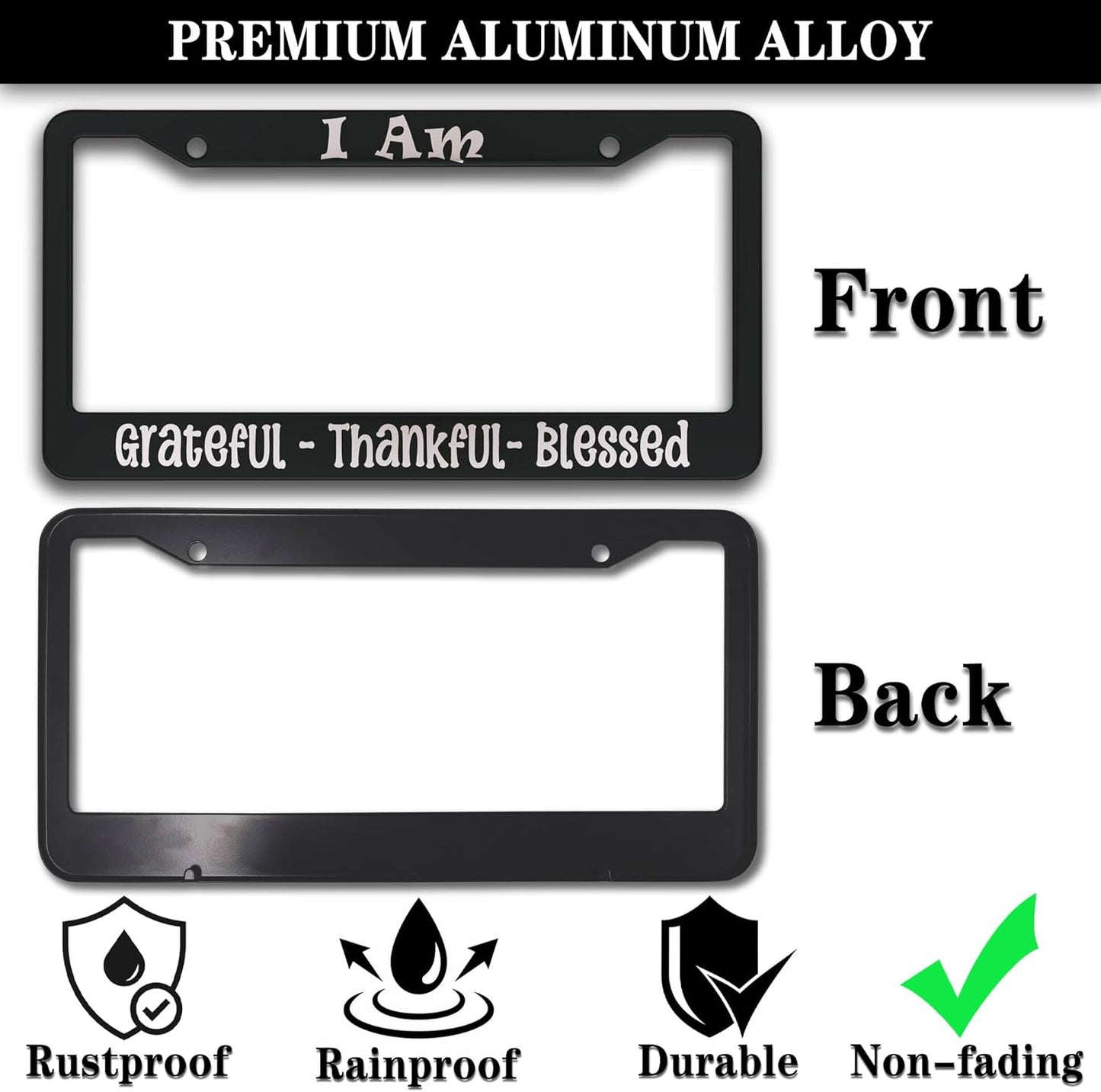 License Plate Frames Black and White Front License Plate Bracket I Am Grateful Thankful Blessed Aluminum Metal Car Accessory 2 Pack with Screw Covers Set