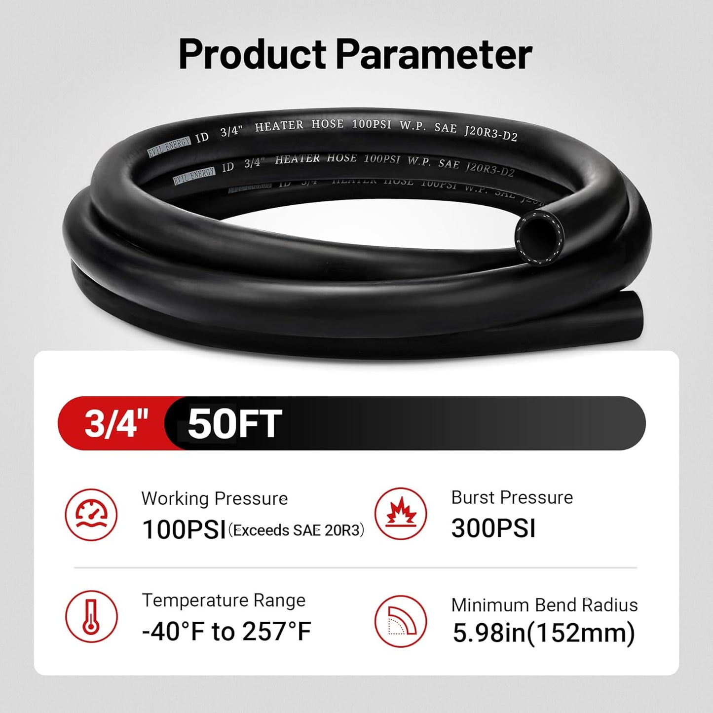 EVIL ENERGY 3/4" Heater Hose 50FT Coolant Radiator Straight 100PSI SAE 20R3 Black